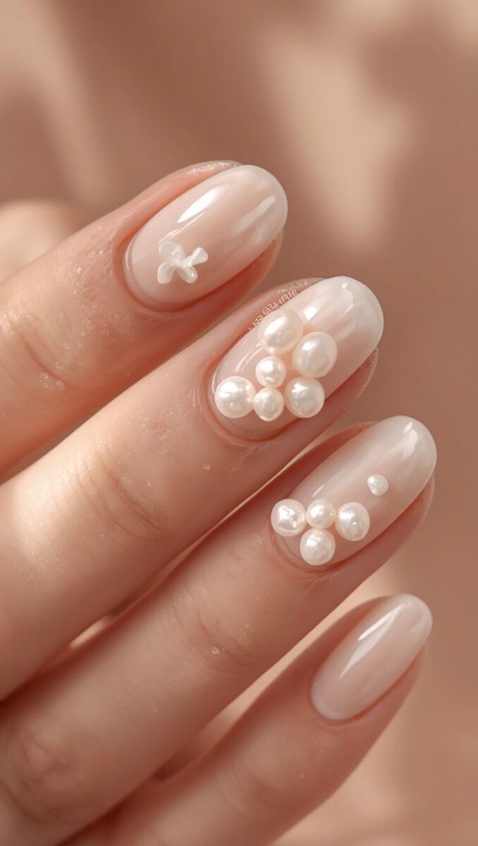 Close-up of oval nude nails with 3D pearl embellishments and a white bow accent on blush pink polish