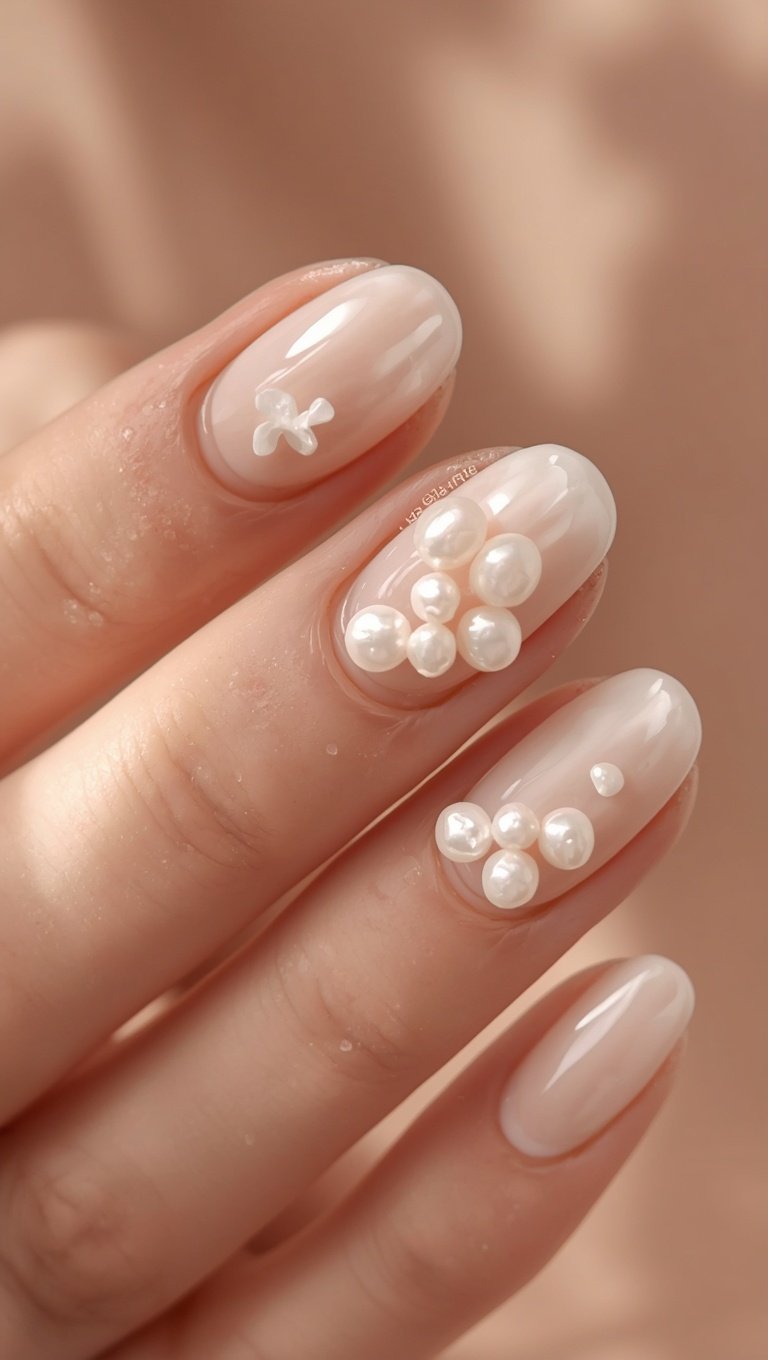 Close-up of oval nude nails with 3D pearl embellishments and a white bow accent on blush pink polish