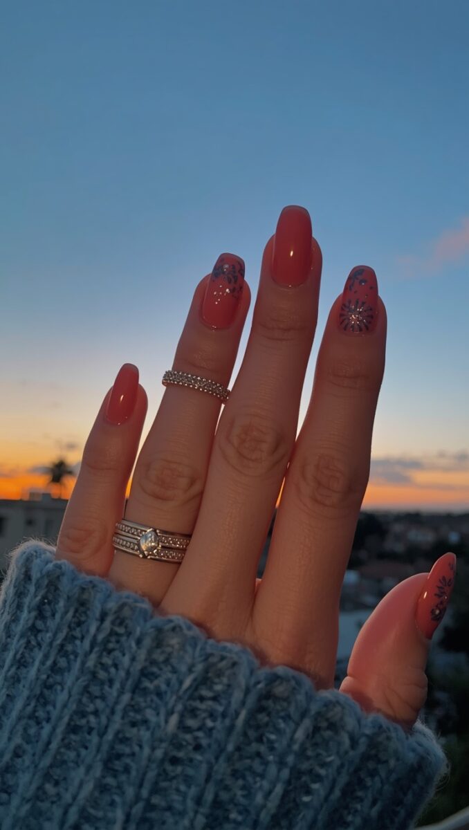 Hand with coral red nails featuring dark floral nail art, diamond rings, blue knit sweater, sunset sky background