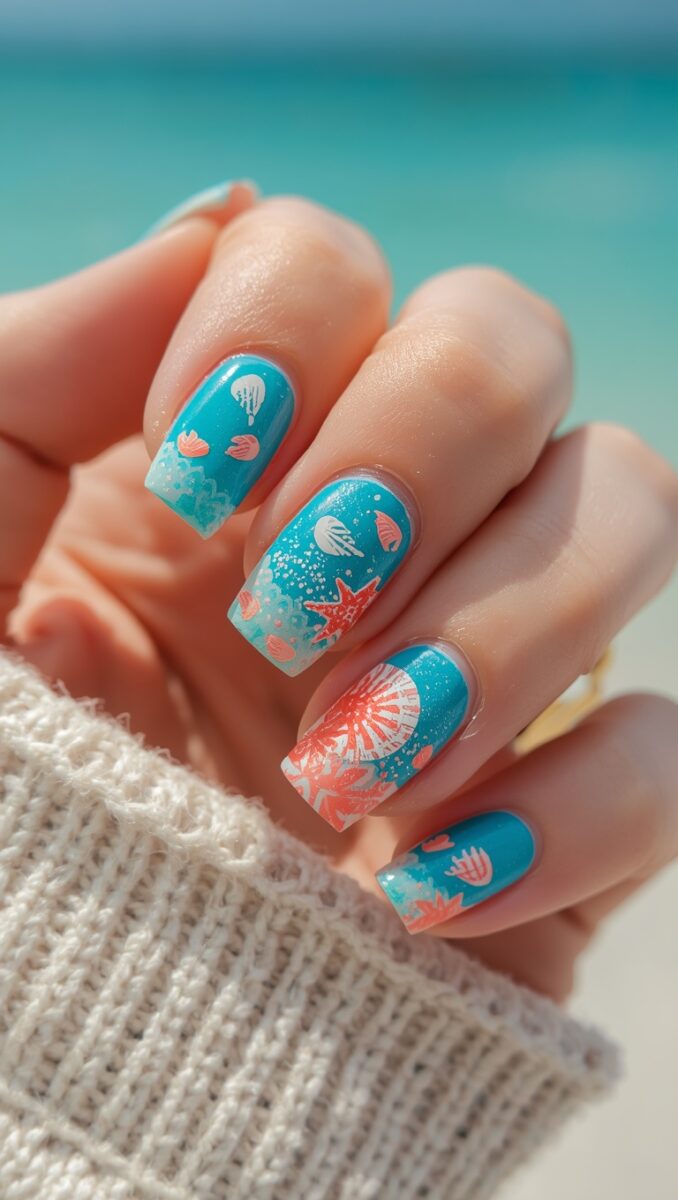 Square nails with teal ocean-themed nail art featuring coral starfish, seashells, and coral reef designs