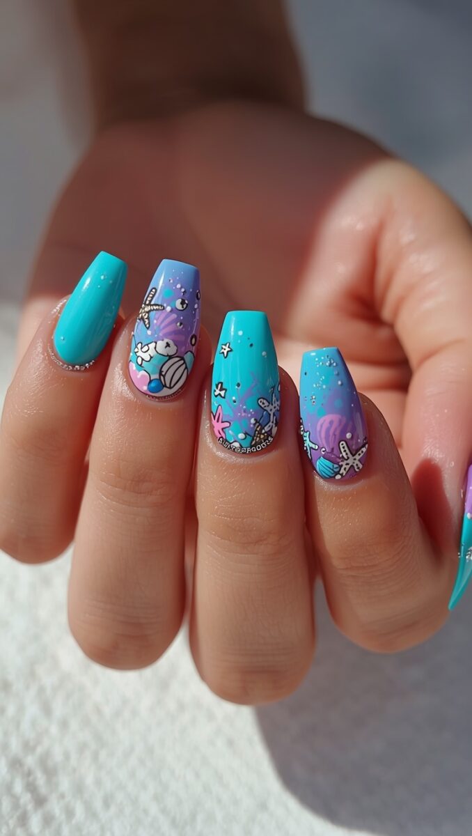 Coffin-shaped nails with ocean-themed nail art featuring turquoise, purple, starfish, seashells, and bubbles