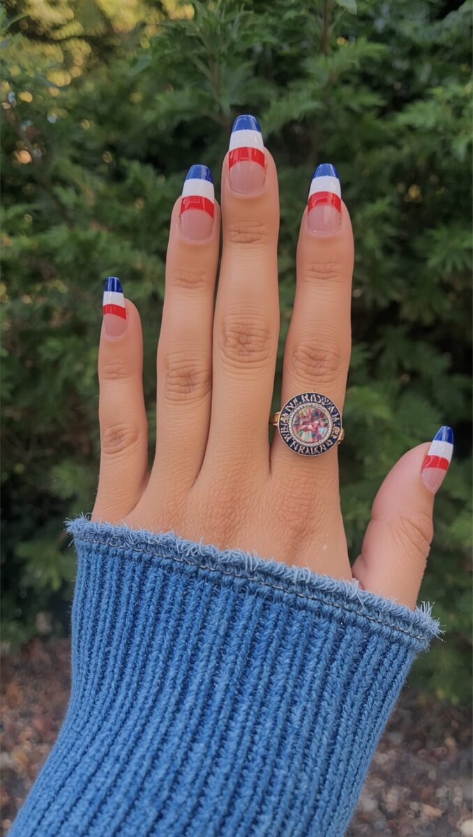 Hand with red, white, and blue French tip nails wearing a decorative medallion ring and blue knit sweater