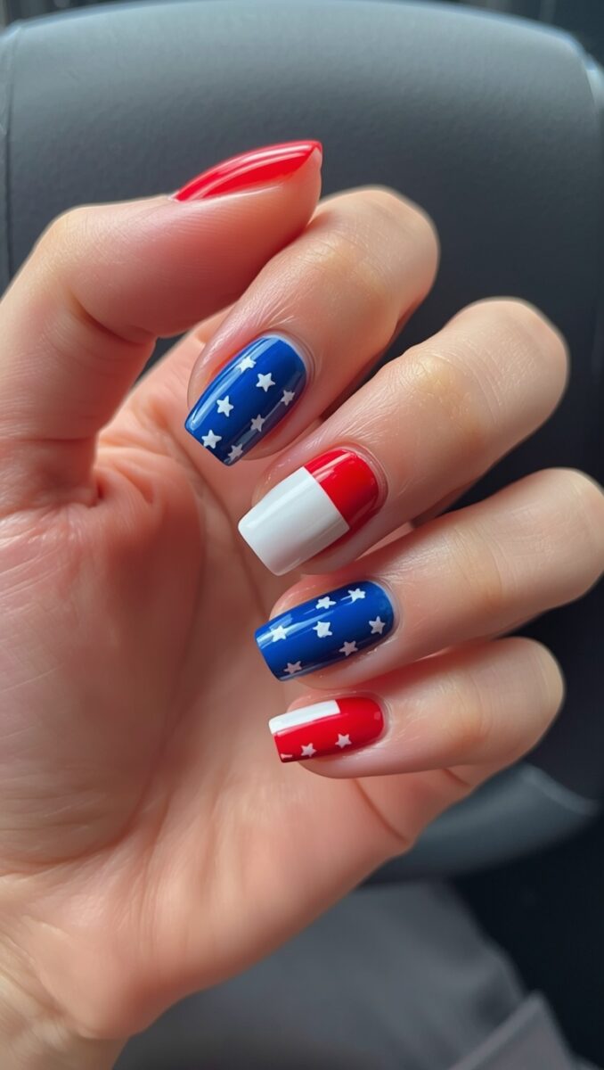 Hand with patriotic red, white, and blue nail art featuring stars and color-blocked designs