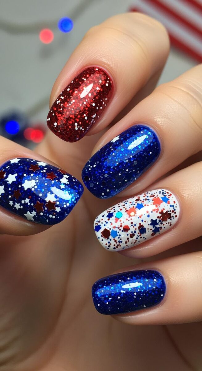 Patriotic red, white, and blue glitter nail art with star confetti accents for Fourth of July