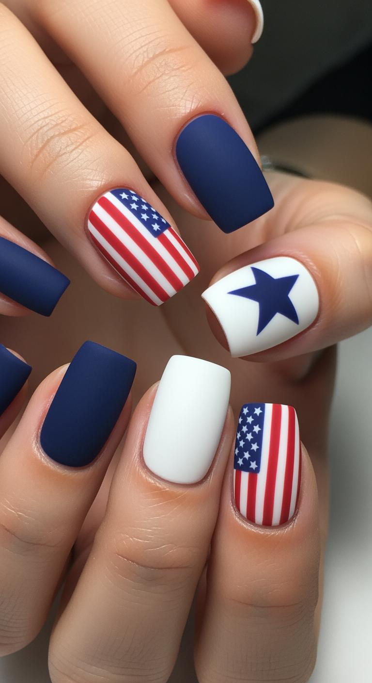 Patriotic nail art featuring American flag design, navy blue matte nails, white nails with blue star, red and white stripes