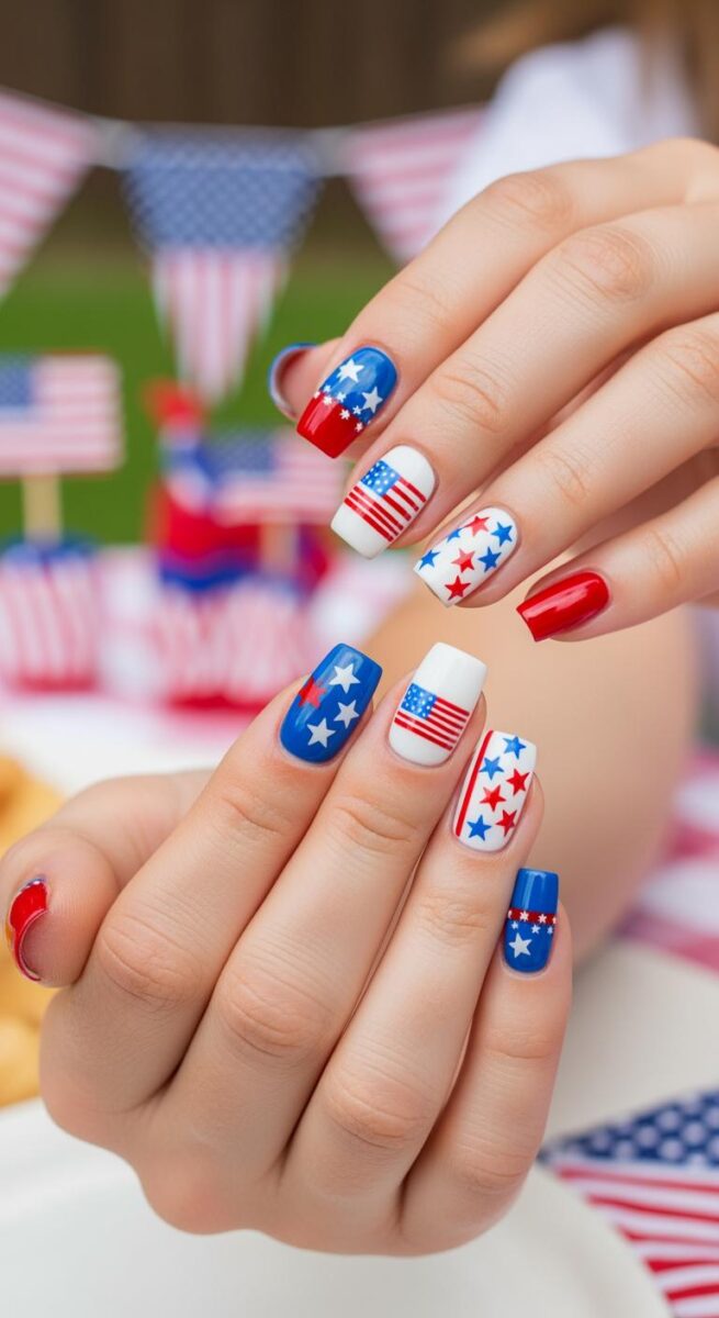 Patriotic red, white, and blue nail art featuring American flags and stars on square-shaped nails