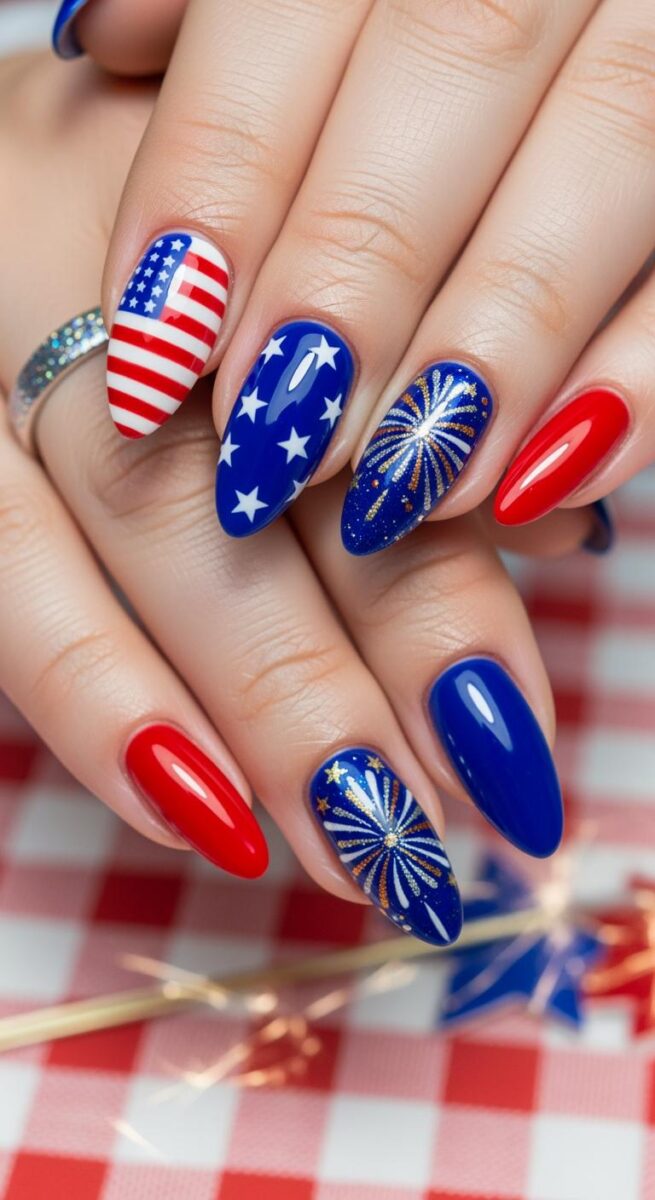 Patriotic 4th of July nail art featuring American flag, blue nails with white stars, fireworks designs, and red nails