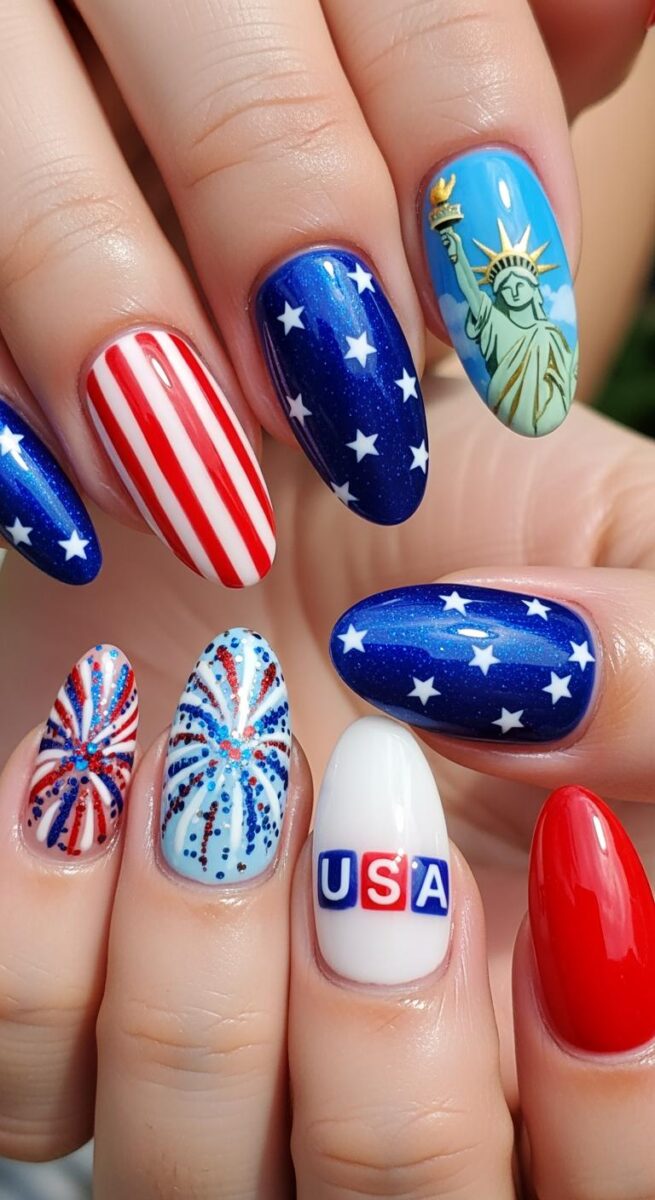 Patriotic 4th of July nail art featuring USA text, Statue of Liberty, stars, stripes, and fireworks designs