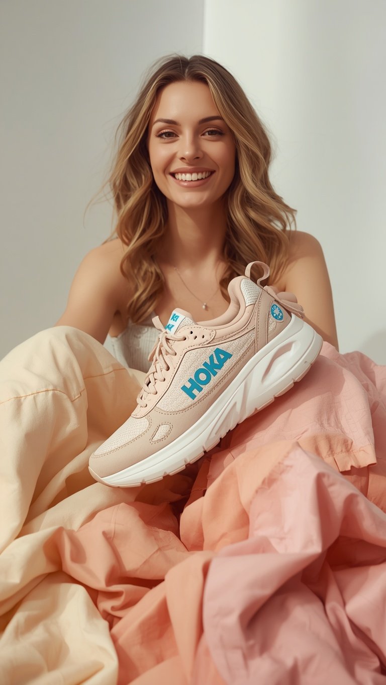 Smiling woman holding a pink HOKA sneaker with teal branding, surrounded by soft pink and peach fabric