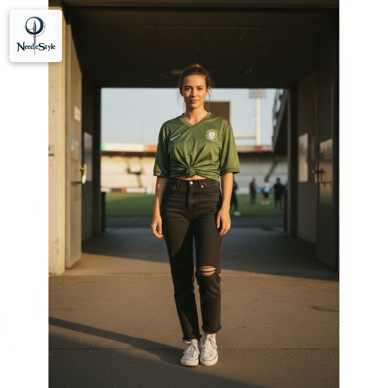 Young woman in green Nike football jersey knotted at waist, black ripped jeans, white sneakers, standing in stadium tunnel