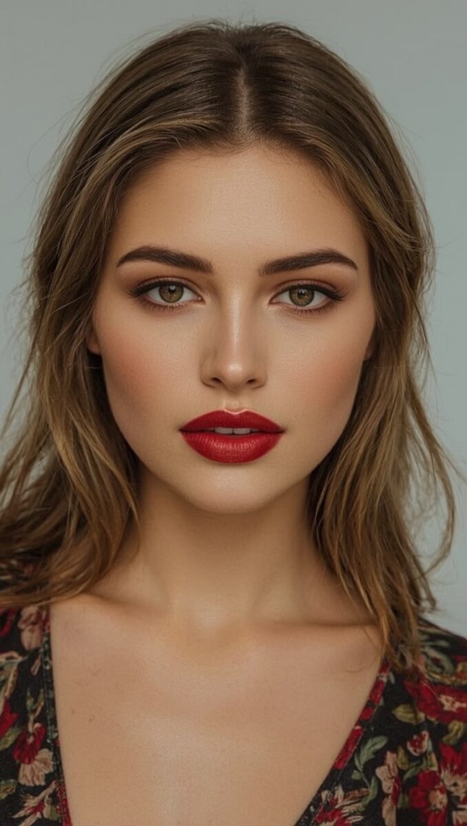 Young woman with brown hair, green eyes, bold red lipstick, and natural glam makeup wearing a floral top
