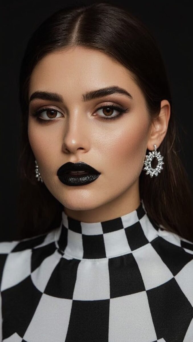 Woman with black lipstick, smoky eye makeup, crystal earrings, and black-and-white checkered turtleneck top