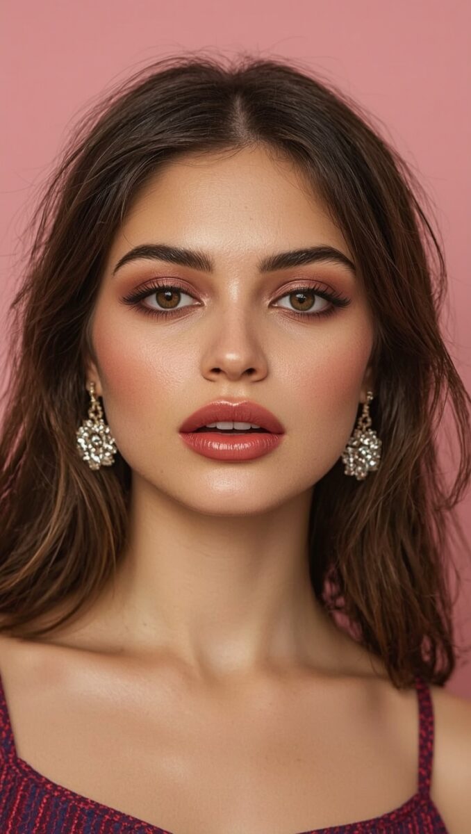 Young woman with brown hair and hazel eyes wearing crystal drop earrings and red lipstick against pink background