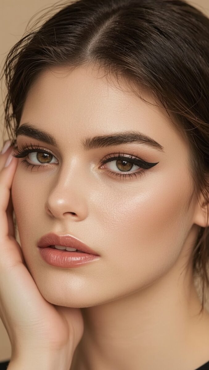 Close-up portrait of a young woman with hazel eyes, bold cat-eye eyeliner, and natural glam makeup