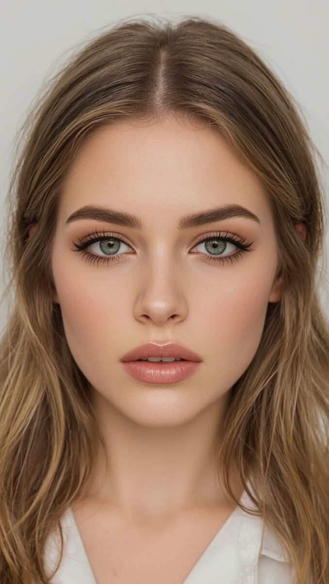 Close-up portrait of a young woman with blue-green eyes, light brown hair, and natural makeup on white background