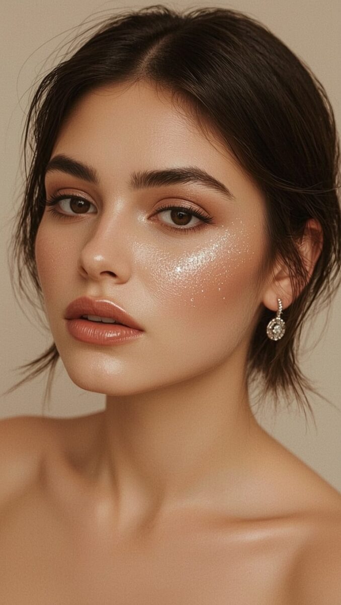 Woman with glowy skin, subtle glitter cheekbone highlight, glossy terracotta lips, and diamond drop earring