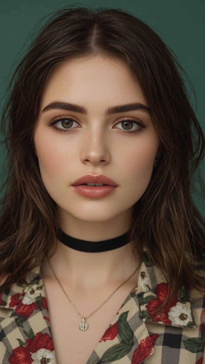Young woman with dark brown hair, green eyes, black choker necklace, and floral shirt against teal background