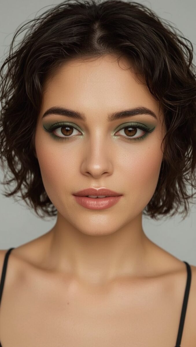 Young woman with short dark wavy hair and green smoky eye makeup, brown eyes, natural lip color