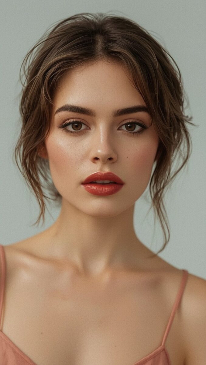 Young woman with brown updo hair, bold red lips, natural makeup, and brown eyes against gray background