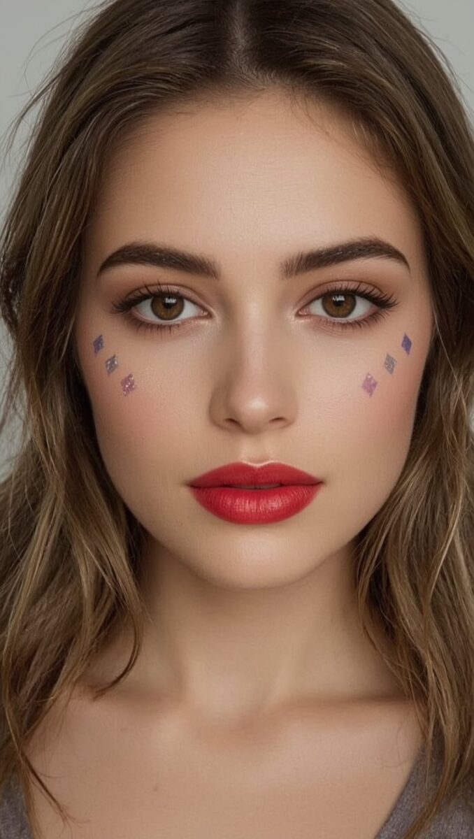 Young woman with brown eyes, red lips, subtle eye makeup, and small diamond-shaped face gems on cheeks
