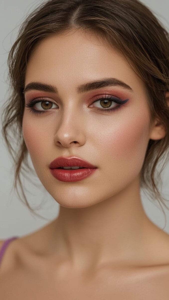Close-up portrait of a young woman with red lips, rosy eye makeup, and dark upswept hair against a light background