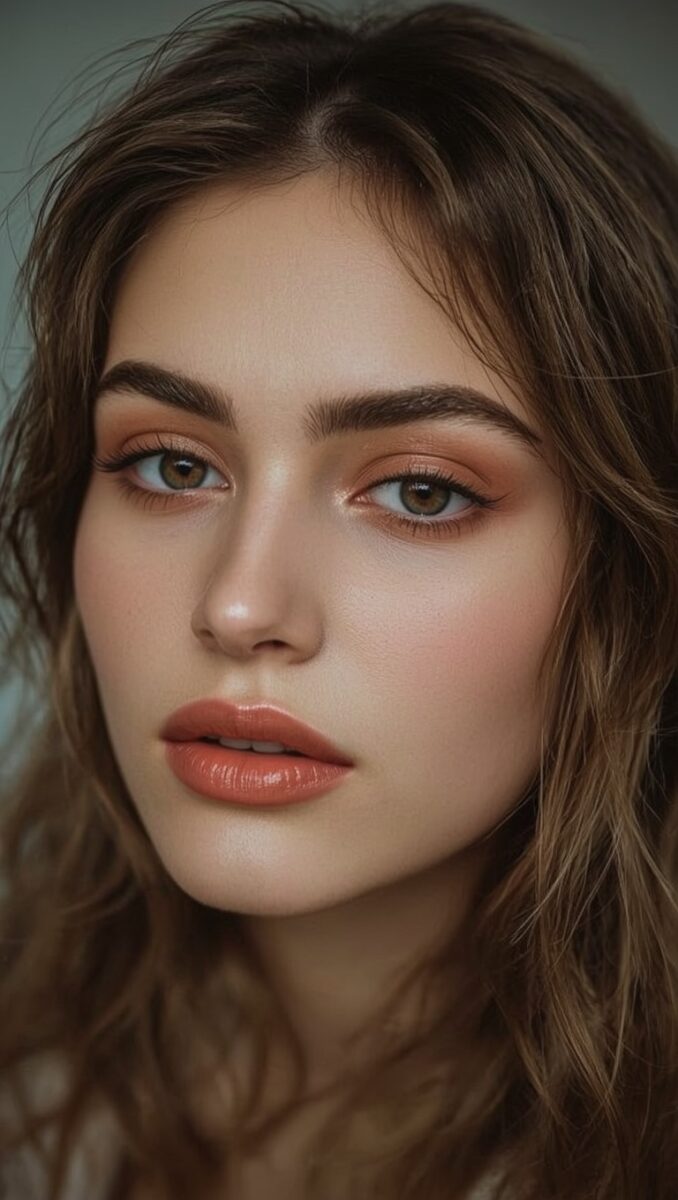 Close-up portrait of a young woman with wavy brown hair, hazel eyes, and warm coral makeup