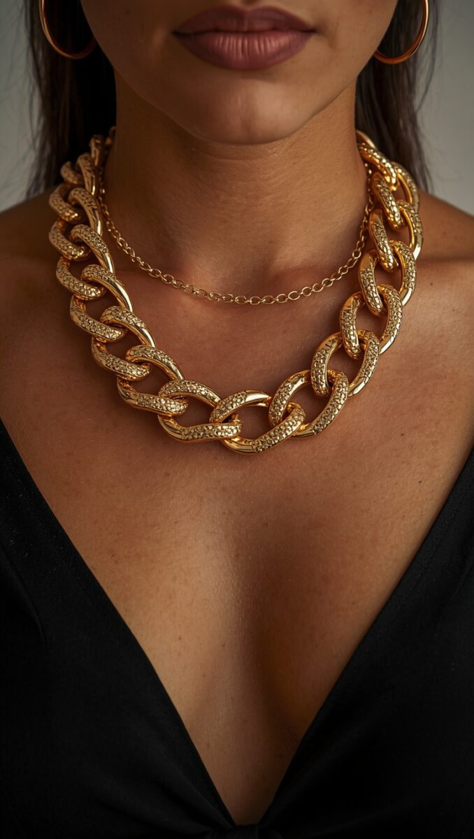 Woman wearing layered gold chunky Cuban link chain necklace and hoop earrings with black v-neck top