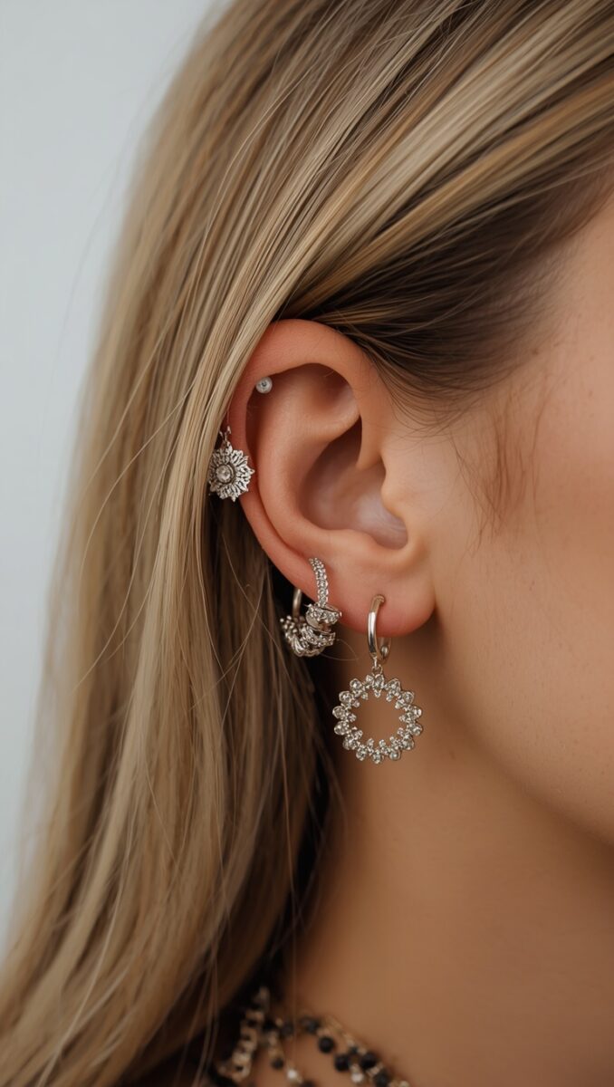 Close-up of a woman's ear featuring a silver ear stack with crystal hoop, flower ear cuff, stud, and wreath pendant earring
