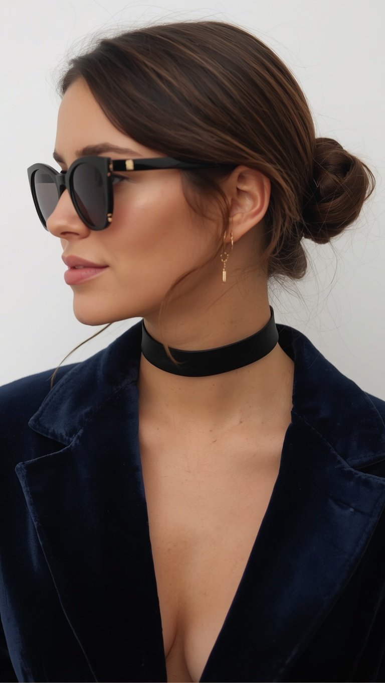 Woman in navy velvet blazer with black choker, gold drop earrings, cat-eye sunglasses, and elegant low bun hairstyle