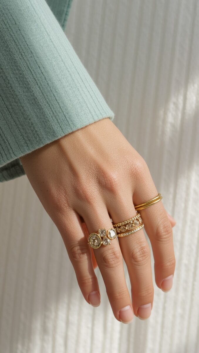 Close-up of a hand wearing multiple stacked gold rings with clear gemstones against a white textured background