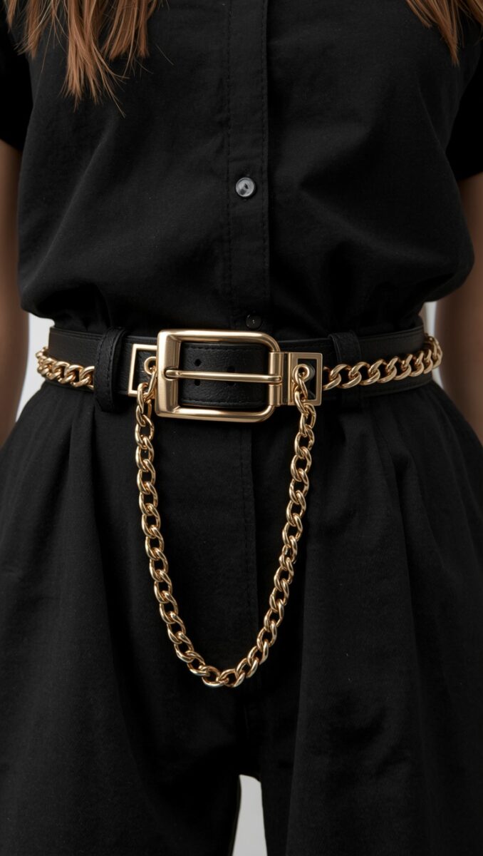 Black leather belt with gold chain detail and large rectangular buckle worn over all-black outfit