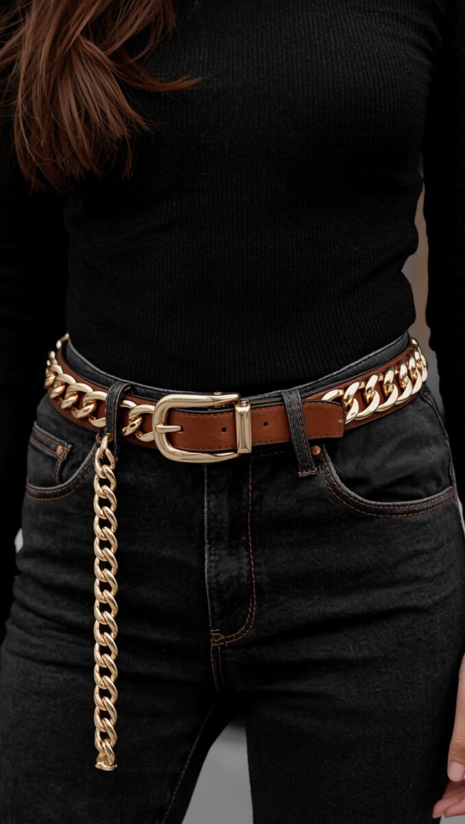 Woman wearing layered brown leather belt with gold buckle and chunky gold chain belt over black jeans and ribbed turtleneck