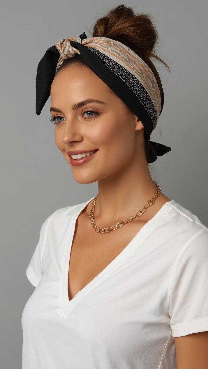 Smiling woman wearing a patterned black and beige headband scarf with hair in a bun, white v-neck tee, and gold chain necklace