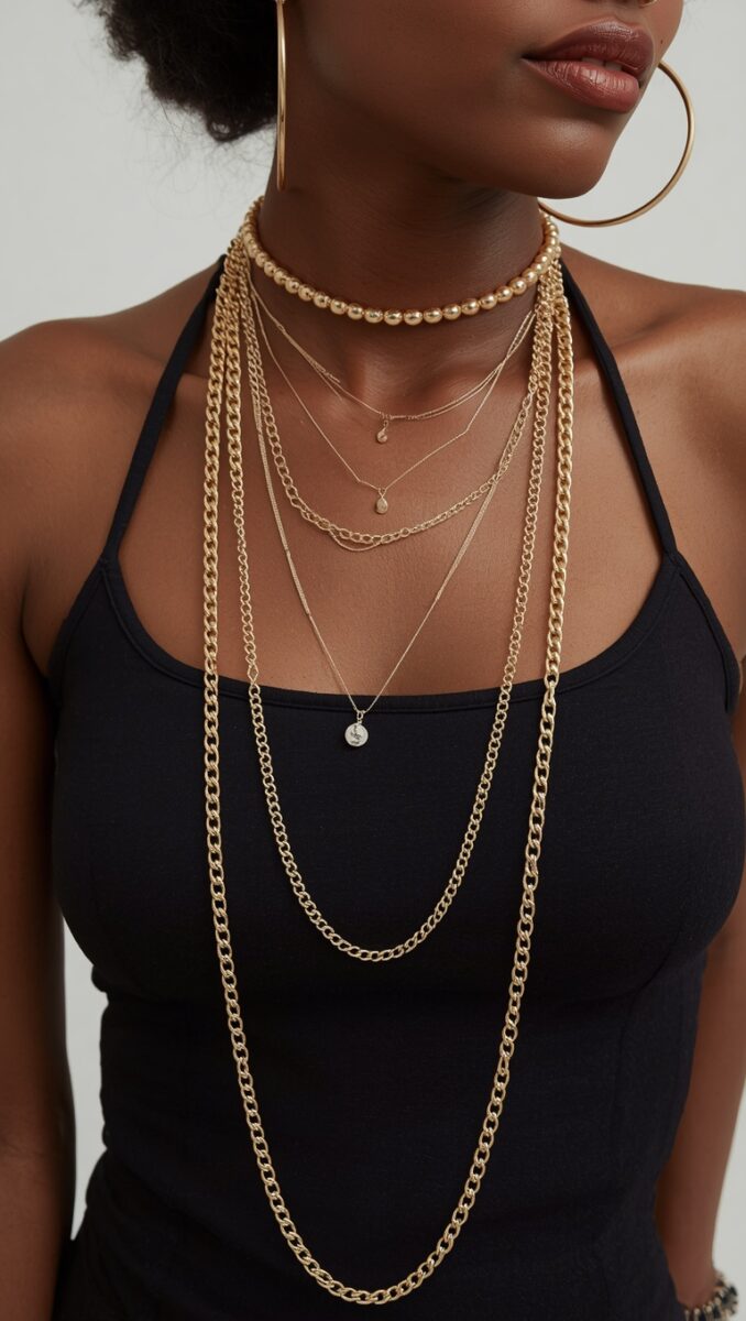 Woman wearing layered gold necklaces including chunky chain, pearl choker, delicate pendants, and large hoop earrings with black top