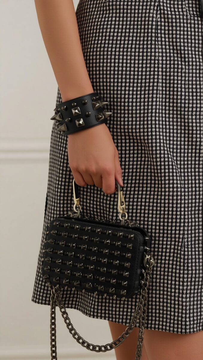 Black studded leather mini bag with chain strap and matching studded cuff bracelet on houndstooth outfit