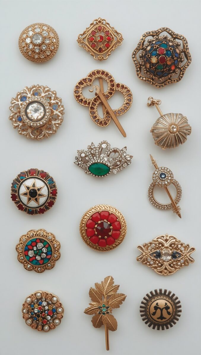 Collection of 15 vintage antique brooches and pins featuring gemstones, crystals, and ornate gold metalwork on white background