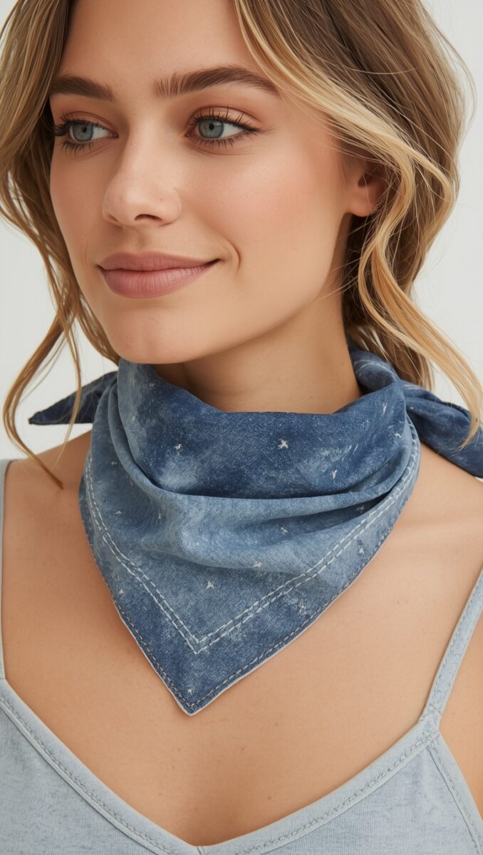 Young woman wearing a blue denim-style bandana tied around her neck as a neckerchief accessory