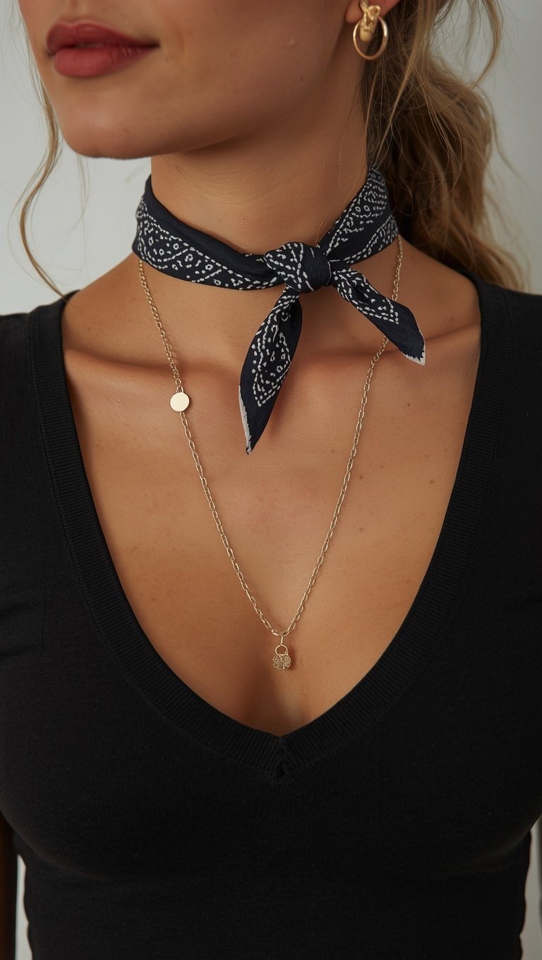 Woman wearing navy bandana neck scarf tied in bow with layered gold chain necklaces over black v-neck top
