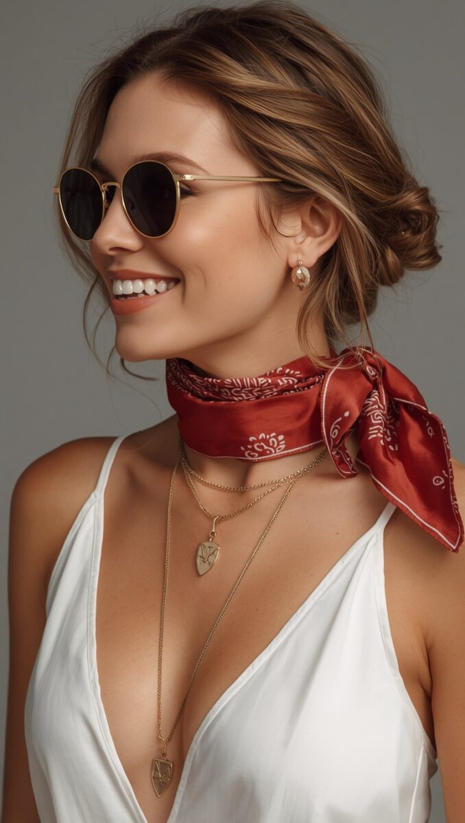 Smiling woman wearing round gold sunglasses, red bandana neck scarf, layered gold necklaces, and white deep-V top