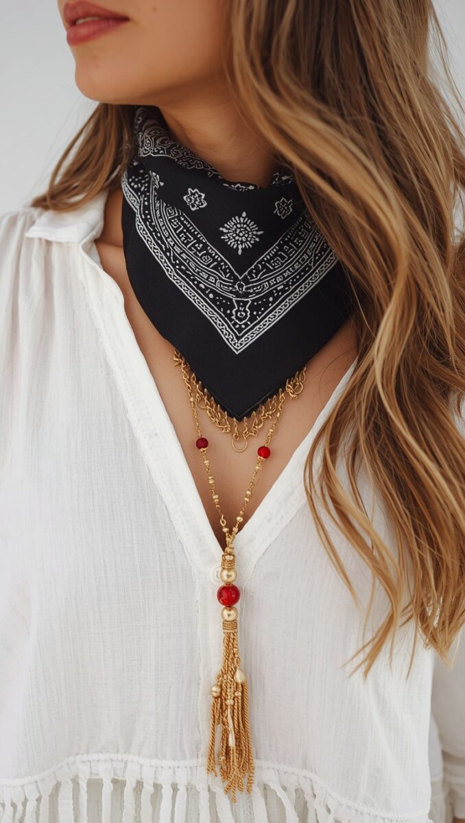 Woman wearing black paisley bandana neckerchief tied at neck over white boho blouse with layered gold tassel necklace