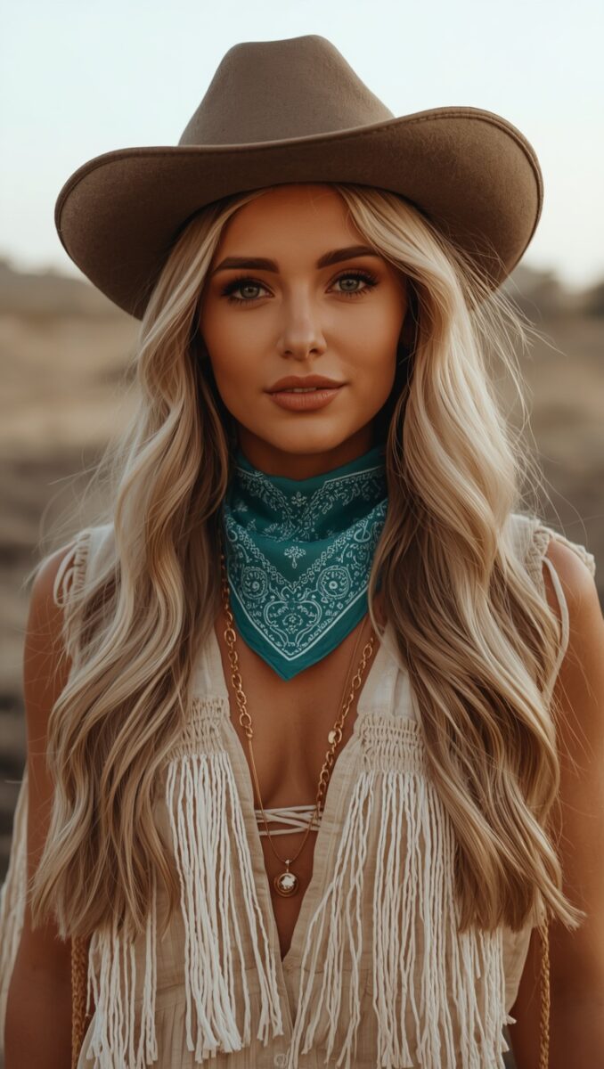 Blonde woman in brown cowboy hat, teal paisley bandana, white fringe vest, and gold necklace outdoors