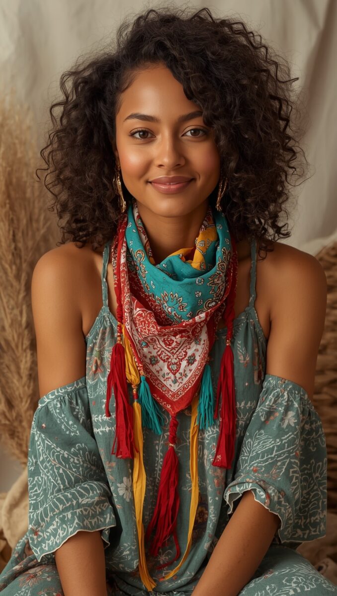 Young woman with curly hair wearing a teal floral dress and colorful boho bandana scarf with tassels