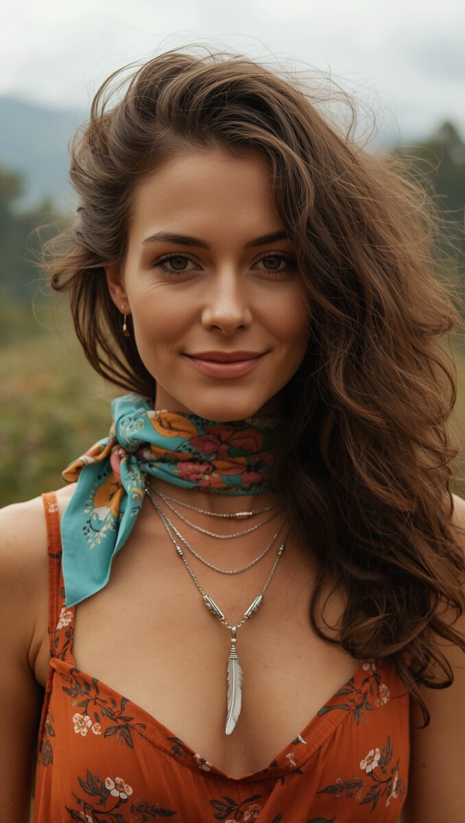 Young woman with brown wavy hair wearing orange floral dress, teal neck scarf, and silver feather necklace outdoors