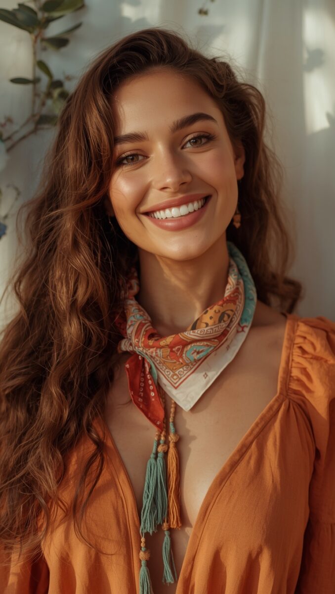 Smiling young woman with long brown wavy hair wearing an orange blouse and colorful patterned neck scarf with teal tassels