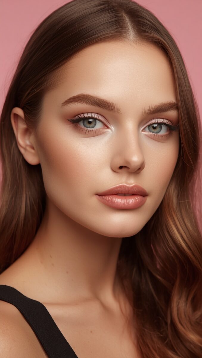 Young woman with brown hair and blue-gray eyes wearing natural nude makeup and cat-eye liner against pink background
