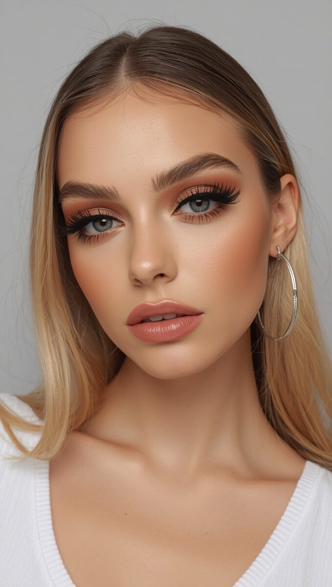 Young woman with blue eyes, warm smokey eye makeup, nude lips, blonde hair, and silver hoop earrings