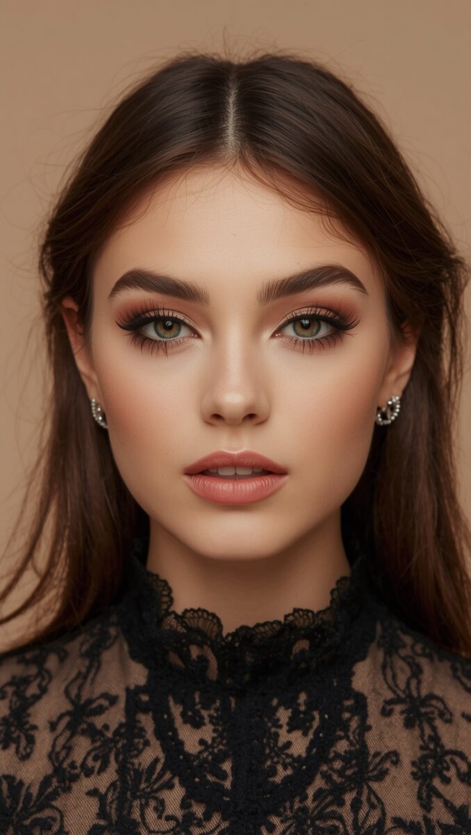Young woman with dark hair, green eyes, smoky eye makeup, wearing a black lace high-neck top with diamond earrings