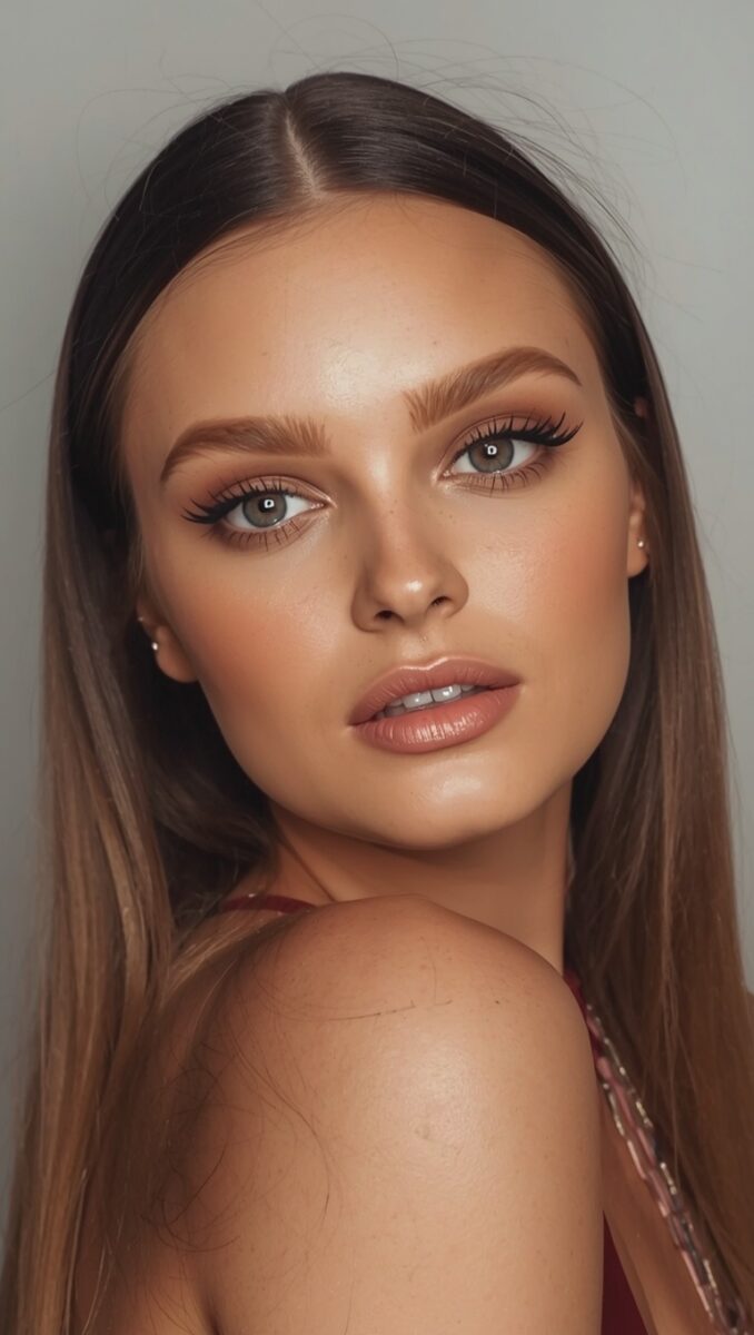 Young woman with long brown hair, green eyes, and natural glam makeup including defined brows and glossy lips