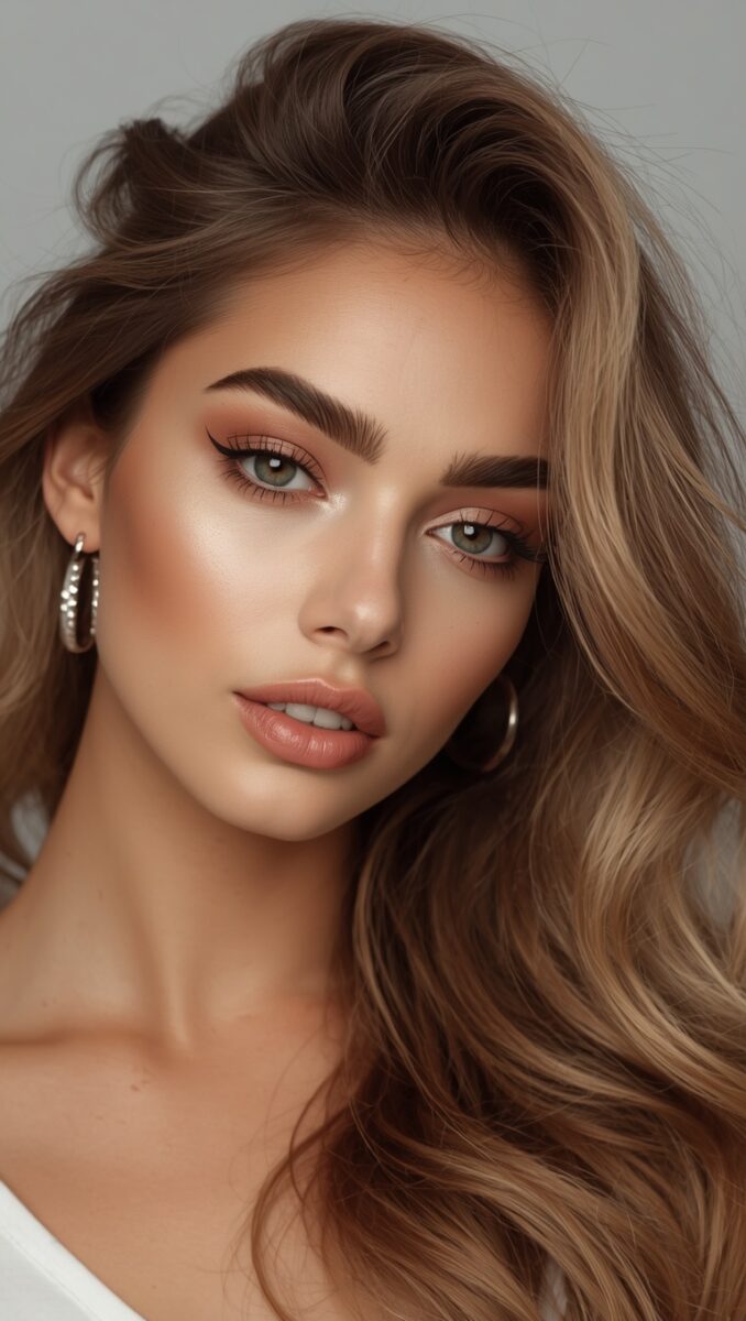 Professional portrait of a woman with highlighted brown hair, green eyes, and natural glam makeup