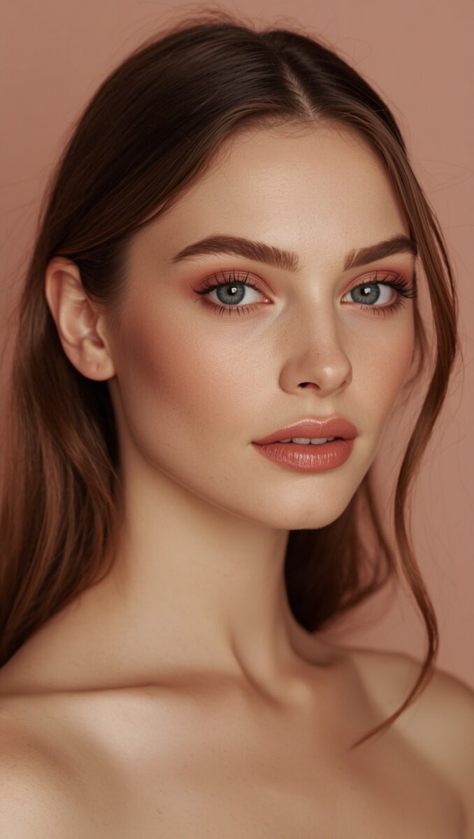 Young woman with blue eyes and brown hair wearing warm-toned makeup with terracotta lips and rosy eyeshadow